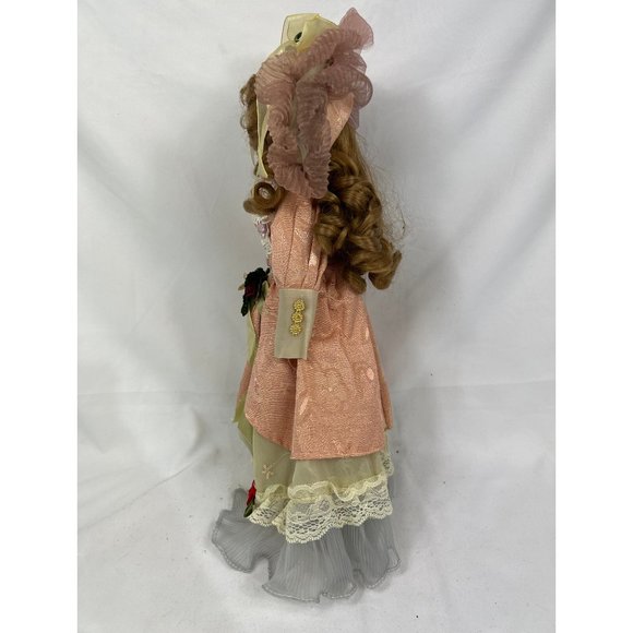 Vintage Porcelain Doll 15" Blue Eyes Brown Hair Pink Dress Floral Figure Toy 1 - Picture 3 of 7